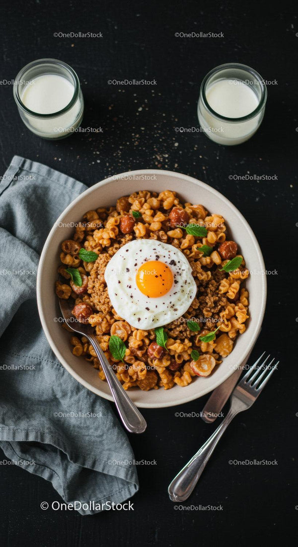 Savory pasta bowl topped with fried egg and greens
