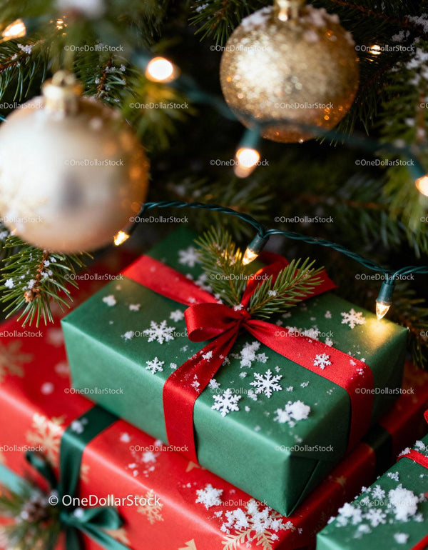 Christmas gifts wrapped with festive ribbons under tree