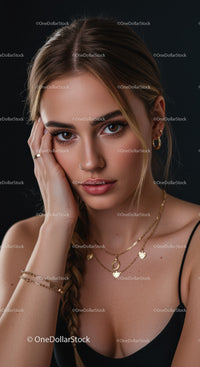 Portrait of a Young Woman with Gold Jewelry and Striking Facial Features