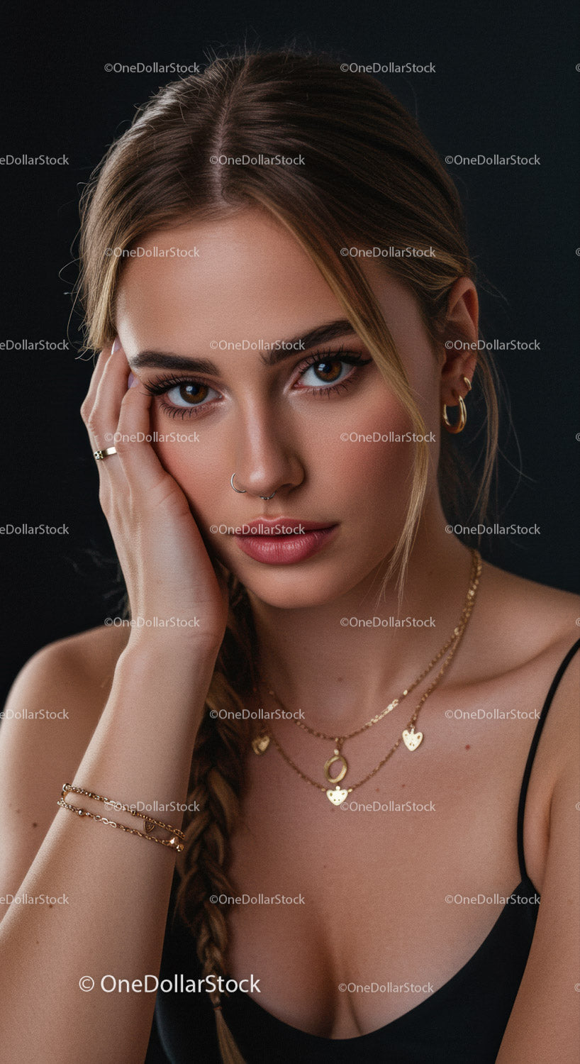 Portrait of a Young Woman with Gold Jewelry and Striking Facial Features