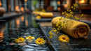 Yellow Flowers Relaxing Spa Towel with River Stones and Floral Decor