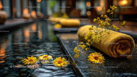 Yellow Flowers Relaxing Spa Towel with River Stones and Floral Decor