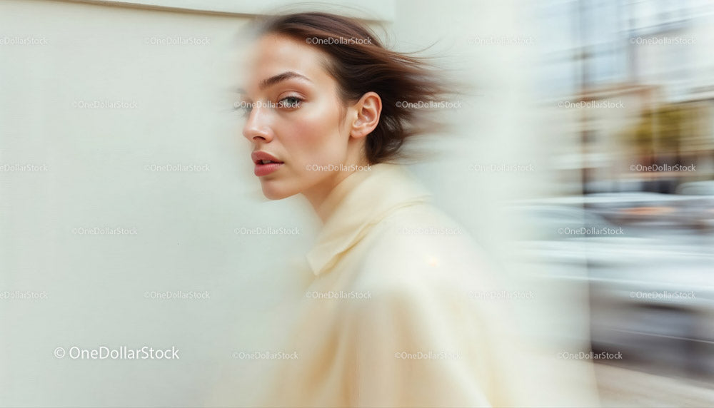 Stylish Woman in Motion Wearing Elegant Beige Outfit