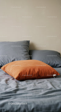 Cozy Bed with Grey and Orange Pillows in Modern Bedroom