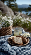 Rustic Outdoor Picnic with Fresh Bread Cottage Cheese and Milk