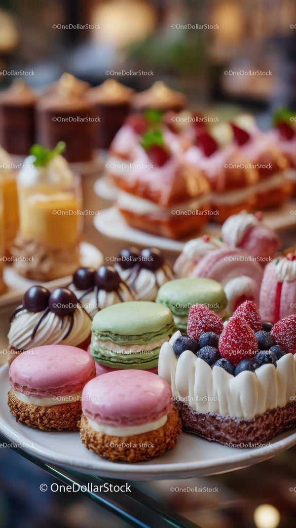 Variety of Colorful French Macarons and Fruit Topped Pastry Cake