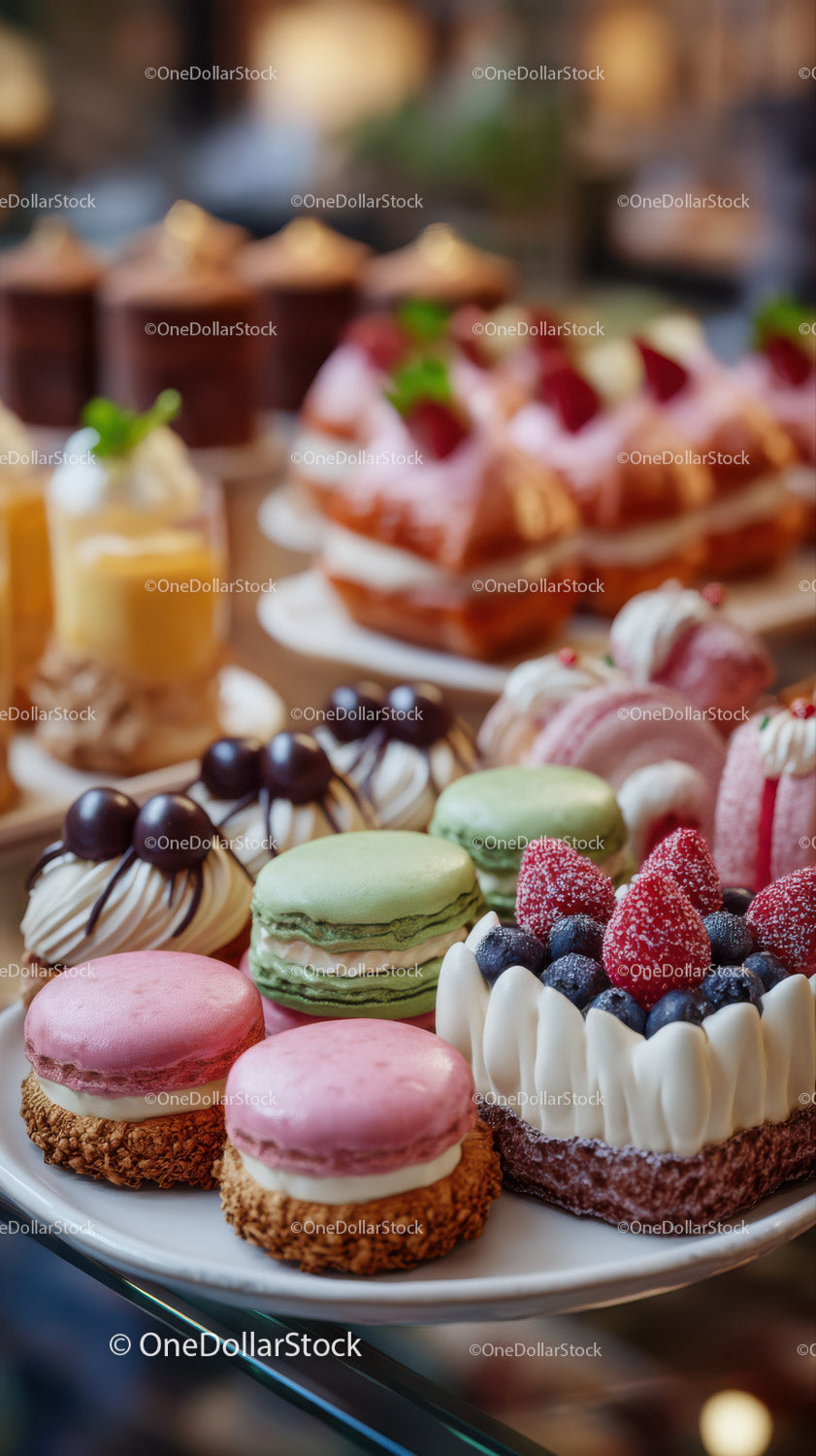 Variety of Colorful French Macarons and Fruit Topped Pastry Cake