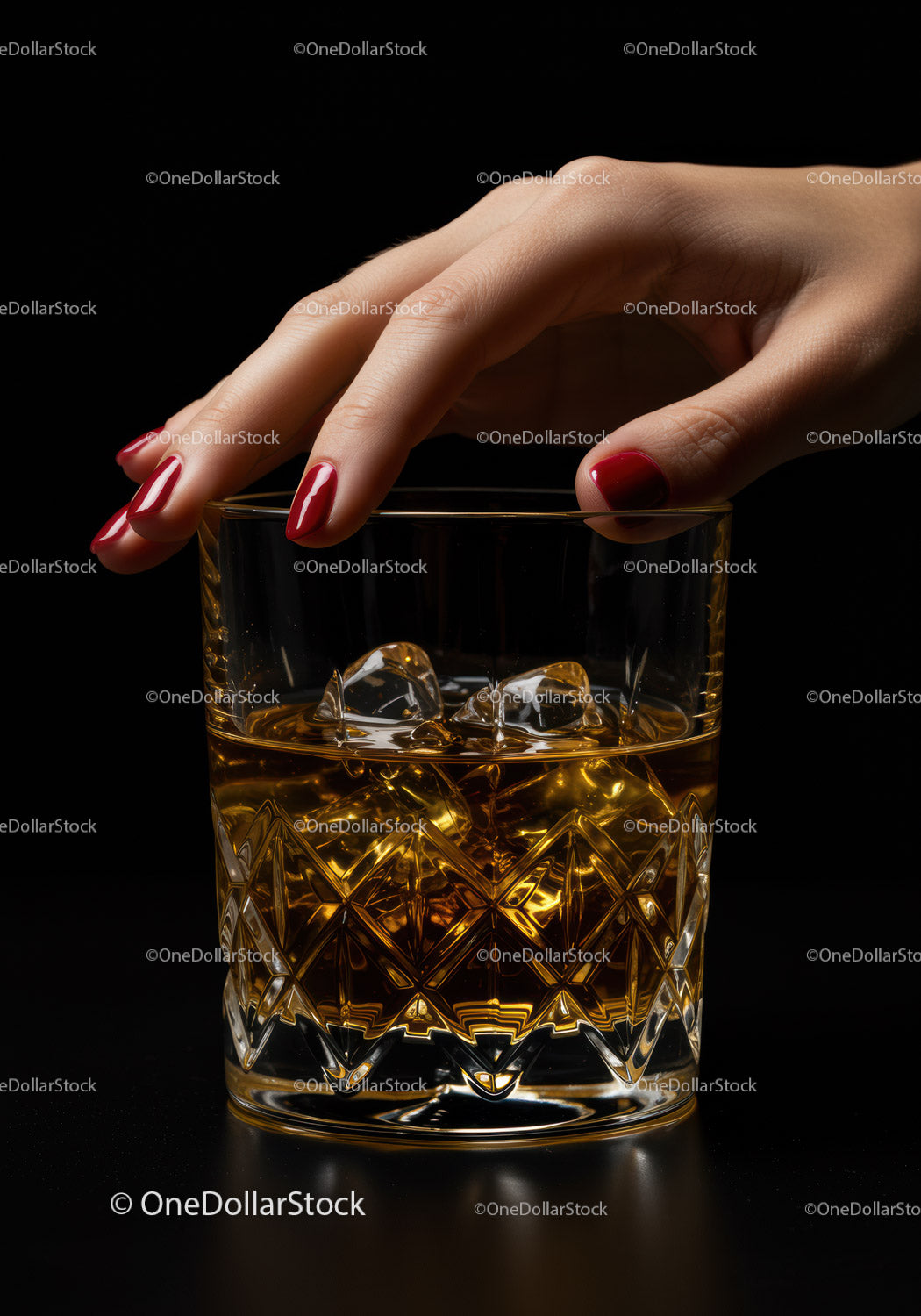 Elegant hand with red nails holding whiskey glass