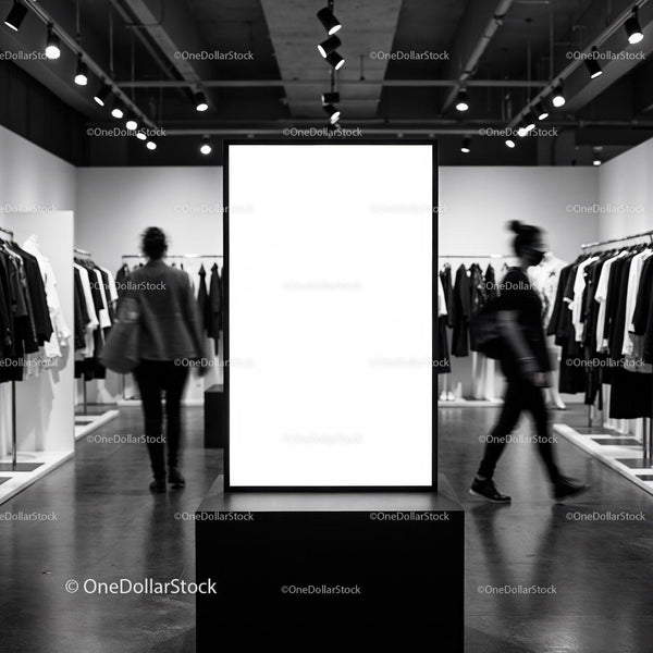 Modern clothing store with illuminated blank display board JPG Mockup Image