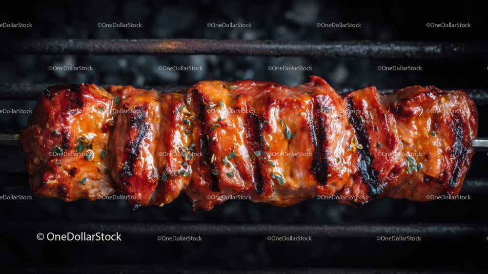 Colorful Grilled Meat and Vegetable Skewers on Barbecue Grill