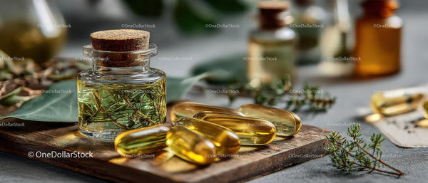 Herbal Supplements and Natural Oil Bottles on Wooden Board