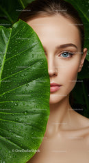 Close-Up of Woman with Blue Eye and Large Green Leaf with Water Droplets