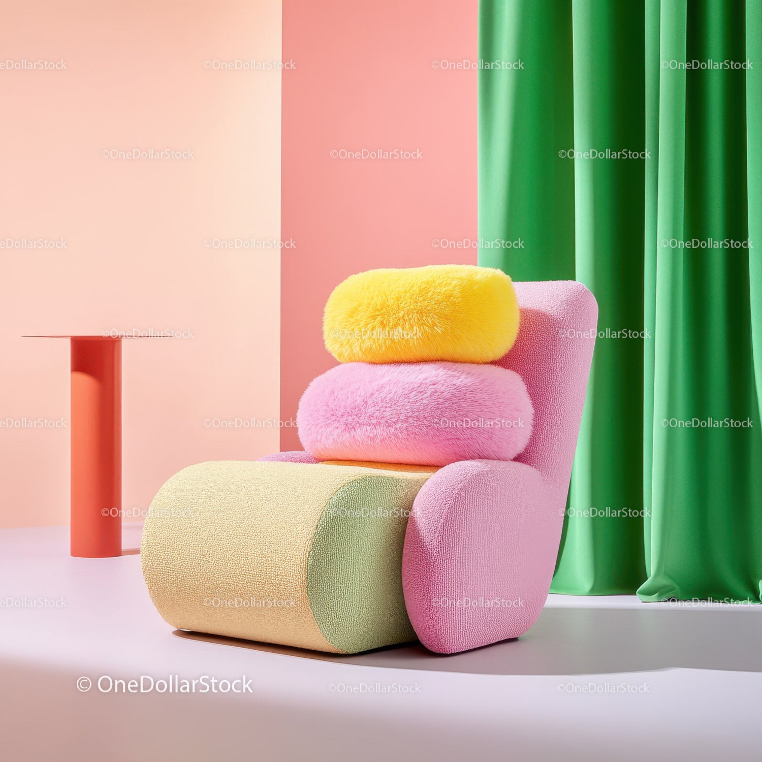 Bright Pink Armchair with Lime Green Cushion and Yellow Ottoman in Modern Living Room