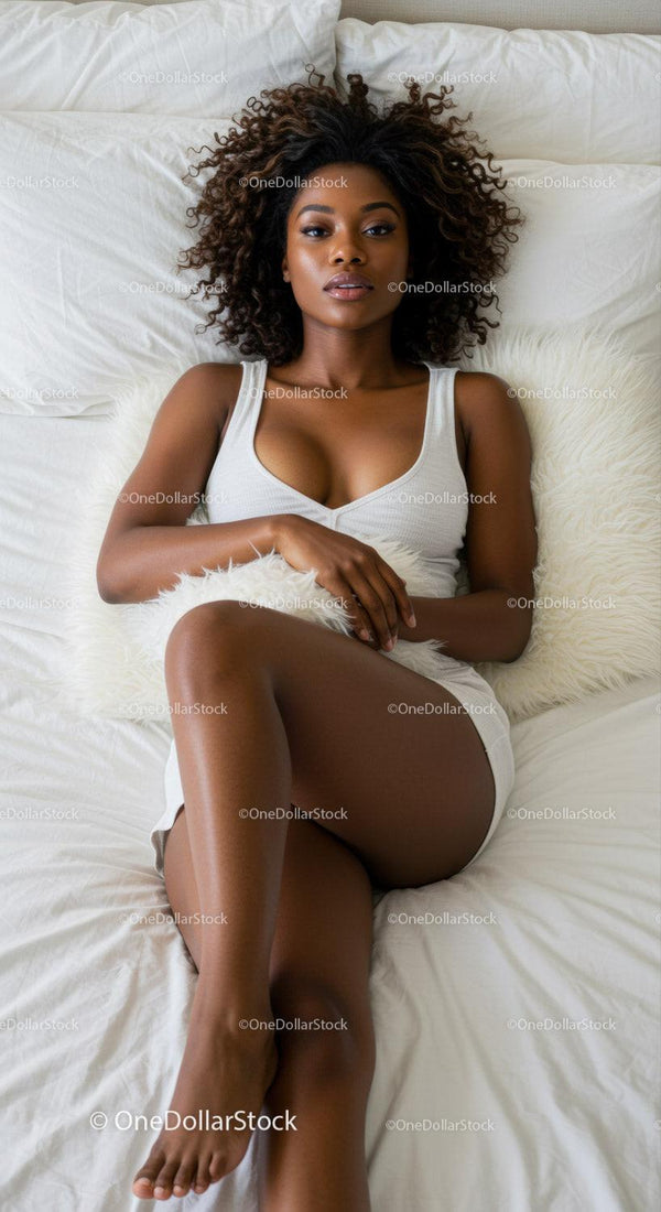 Relaxed young woman lying on white bed with curly hair