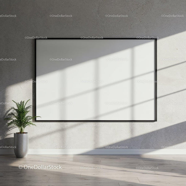 Minimalist interior with blank framed canvas and plant JPG Mockup Image