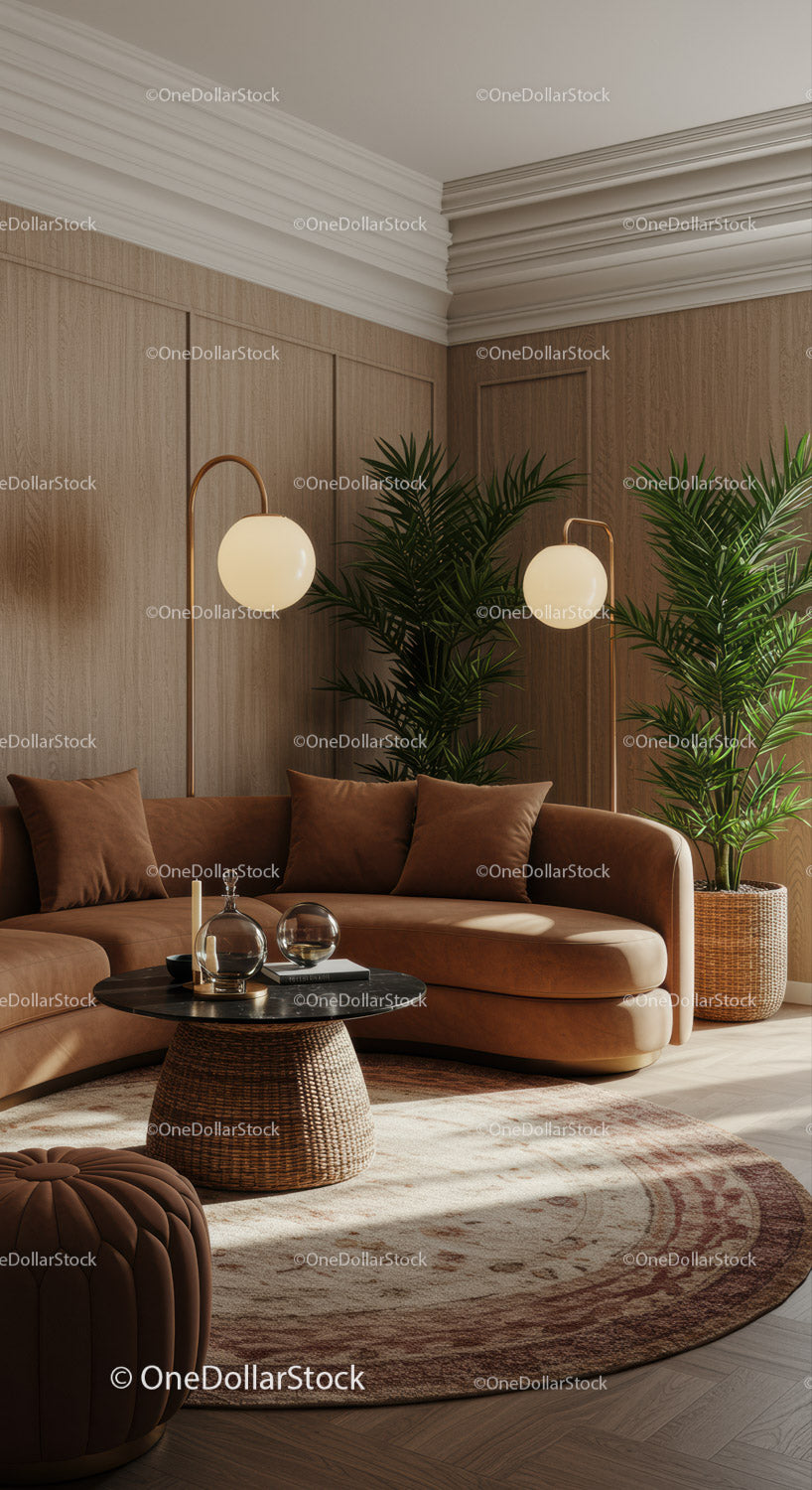 Modern cozy living room with curved sofa and indoor plants