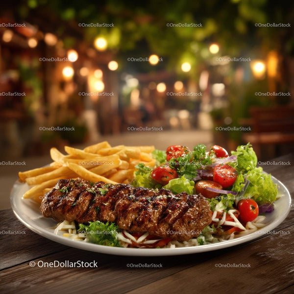 Steak with Vegetables and French Fries on Wooden Table in Warm Setting
