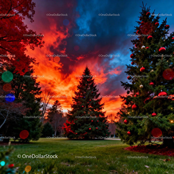Christmas Trees Decorated at Sunset in Outdoor Park