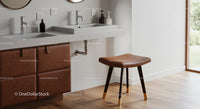 Modern Bathroom with Double Sink and Brown Leather Cabinet