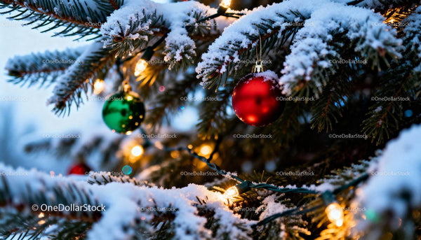 Snow-covered Christmas tree with glowing festive lights