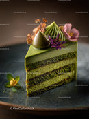 Green Matcha Cake with Chocolate Base and Artistic Garnish