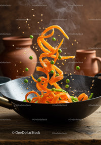 Carrot and Pea Stir Fry Tossed in Wok with Sesame Seeds