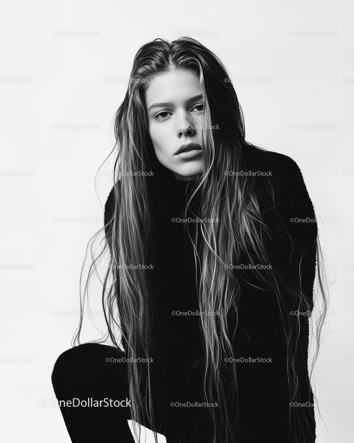 Black and White Fashion Portrait of a Young Woman with Wavy Hair