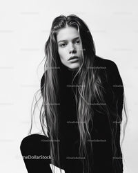 Black and White Fashion Portrait of a Young Woman with Wavy Hair