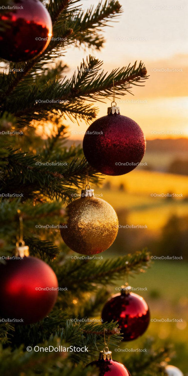 Christmas tree ornaments hanging in the warm sunset light