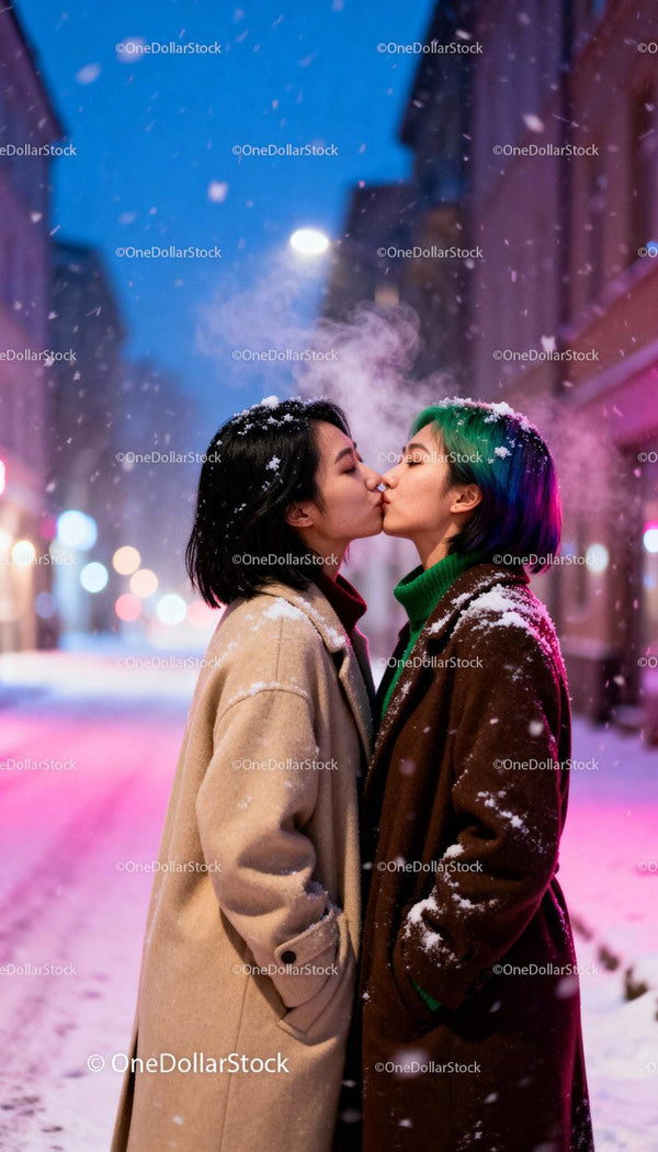 Couple Sharing a Tender Kiss on Snowy Winter Night