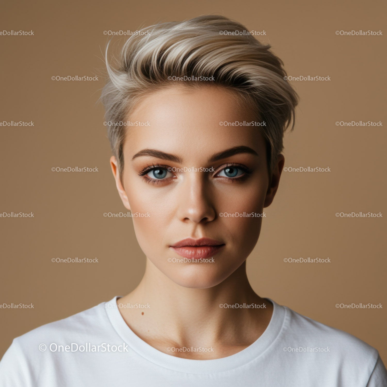 Elegant Woman with Short Blonde Hair and Bright Blue Eyes