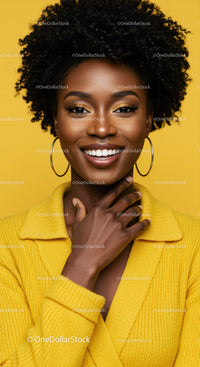Vibrant African American Woman Smiling in Bright Yellow Sweater