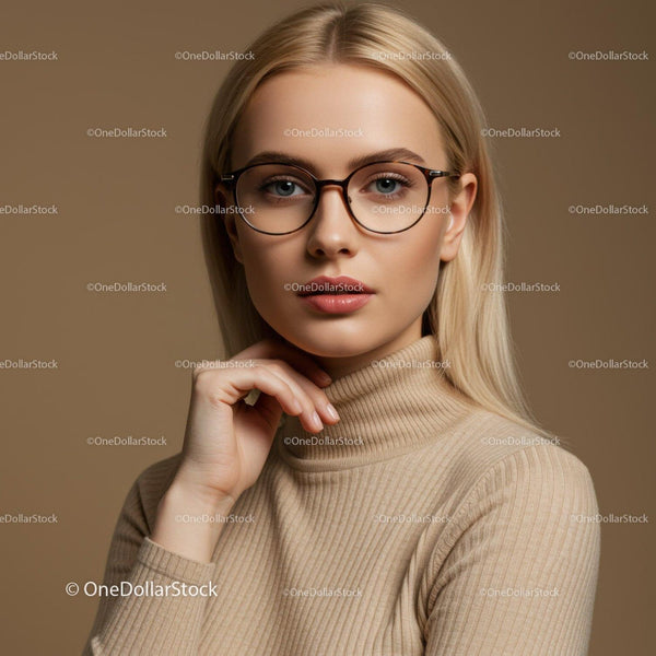Kobieta z Blond Włosami i Okularami w Eleganckim Portrecie Wewnętrznym