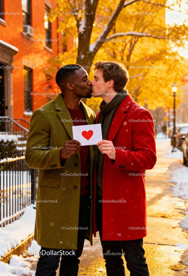 Couple sharing tender kiss outdoors holding heart card