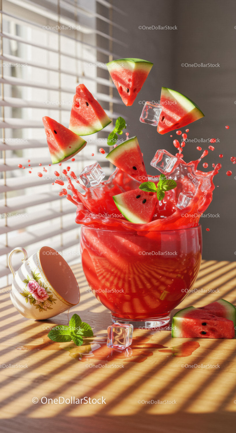 Refreshing Watermelon Splash with Ice Cubes and Mint