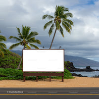 Blank billboard on tropical beach with palm trees