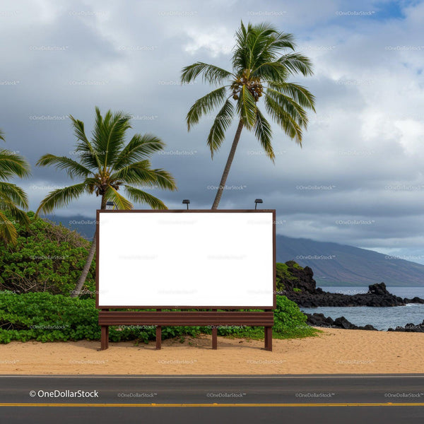 Blank billboard on tropical beach with palm trees JPG Mockup Image