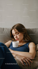 Young Woman Relaxing on Couch with Ice Cream in Cozy Home Setting