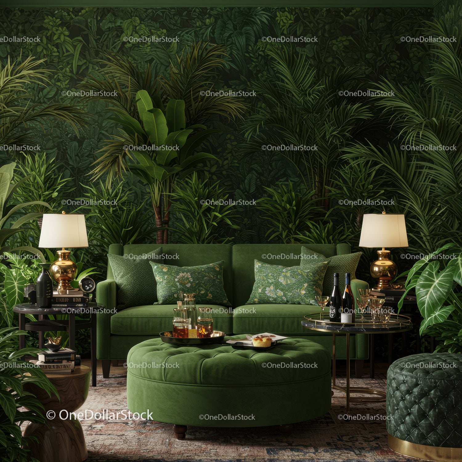 Cozy living room with lush greenery and green velvet sofa