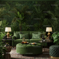 Cozy living room with lush greenery and green velvet sofa