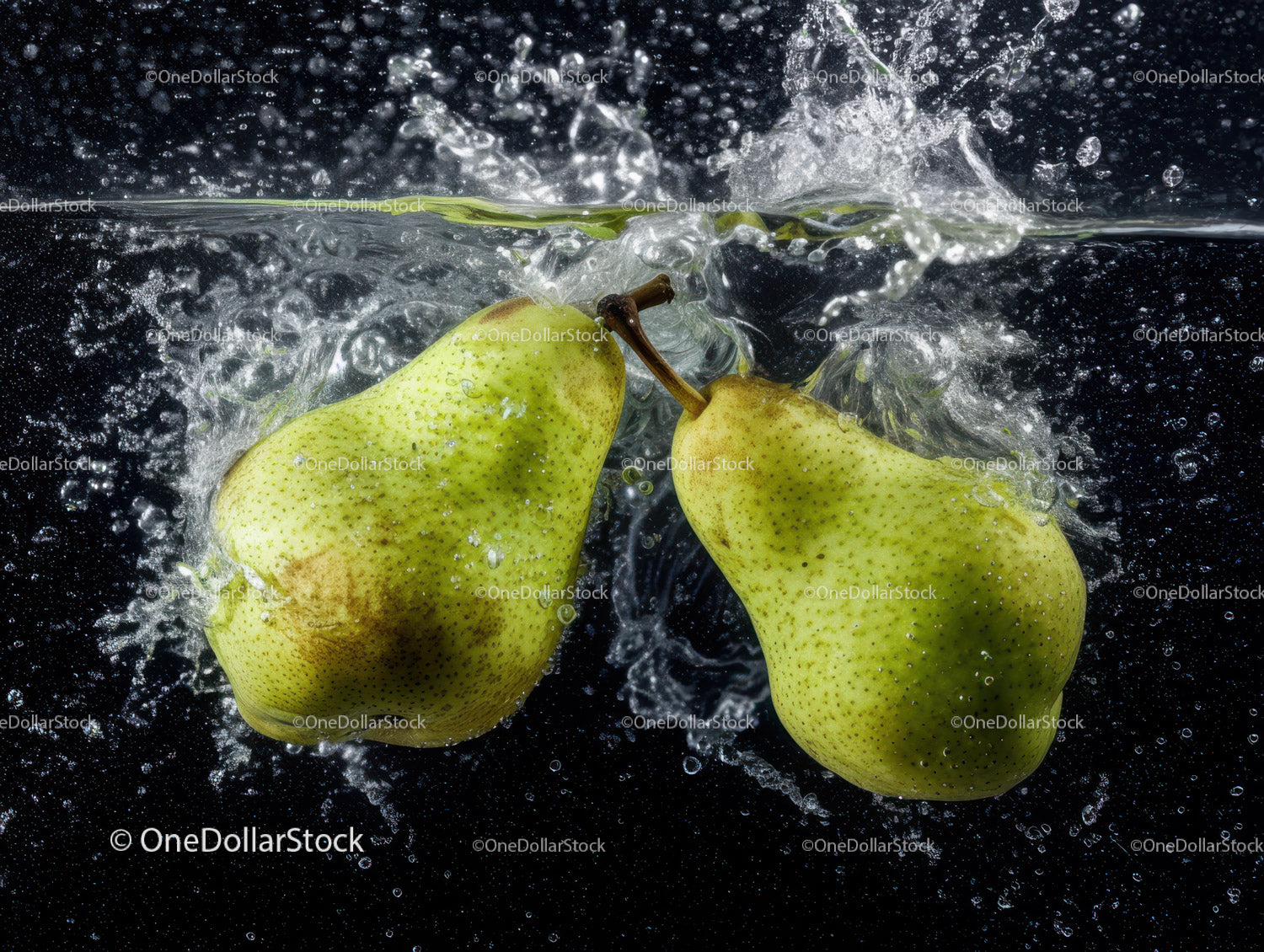 Fresh Green Pears Splashing into Water with Dynamic Motion