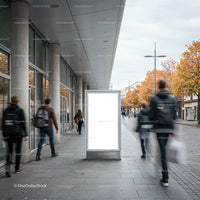 Urban street with blank advertising board and pedestrians