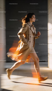 Woman in beige trench coat walking briskly in urban setting