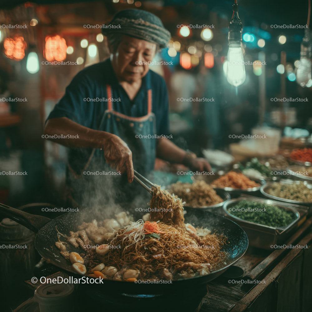 Vibrant Night Market Food Stall with Steaming Wok and Colorful Ingredients