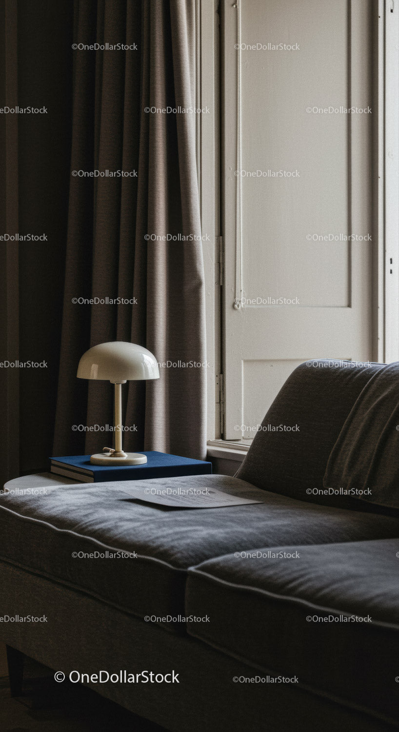 Przytulny salon z sofą, stolikiem nocnym i naturalnym oświetleniem