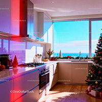Modern Kitchen Decorated for Christmas with Ocean View