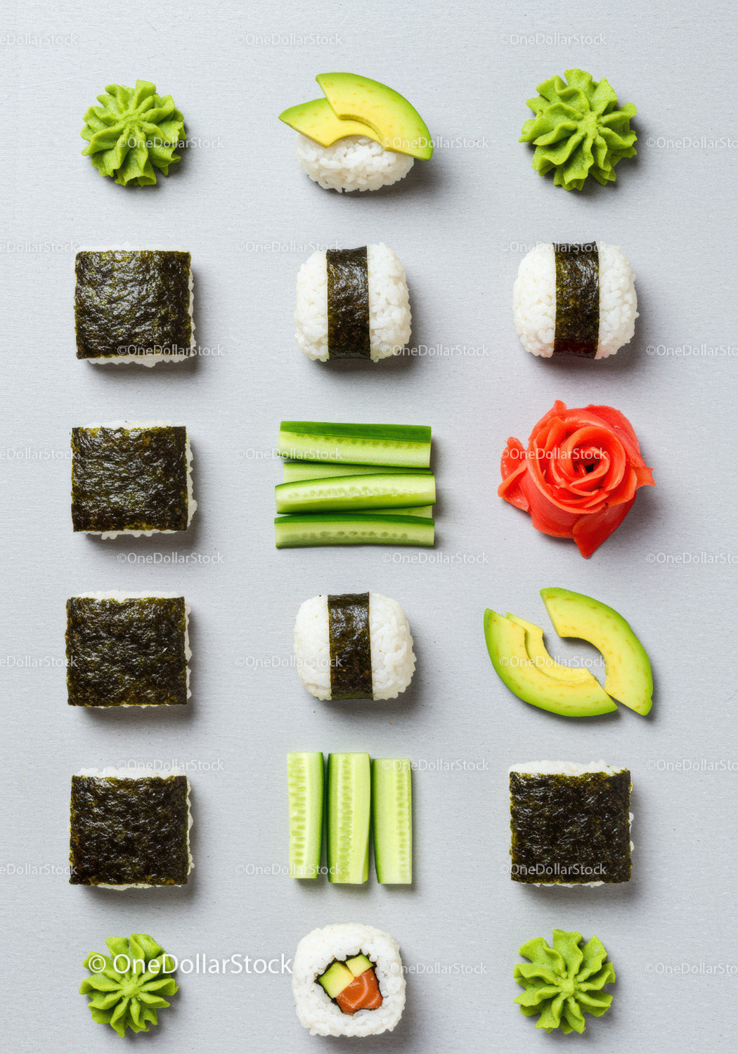 Różne składniki wegetariańskiego sushi ułożone w schludny sposób