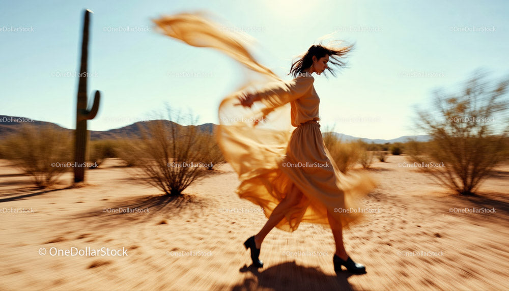 Carefree Woman in Flowing White Dress Dancing in Desert Landscape