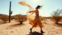 Carefree Woman in Flowing White Dress Dancing in Desert Landscape