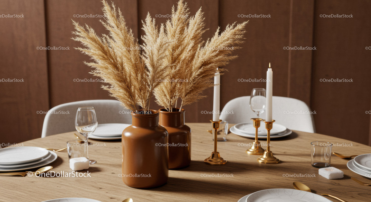 Modern Dining Table Decor with Beige Pampas Grass and Gold Candlesticks